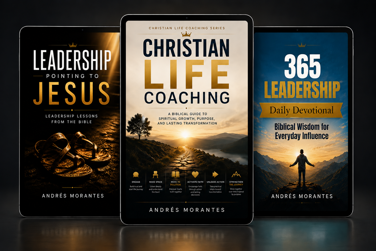 Three Christian leadership eBooks displayed on tablet devices: Leadership Pointing to Jesus, Christian Life Coaching, and 365 Leadership Daily Devotional